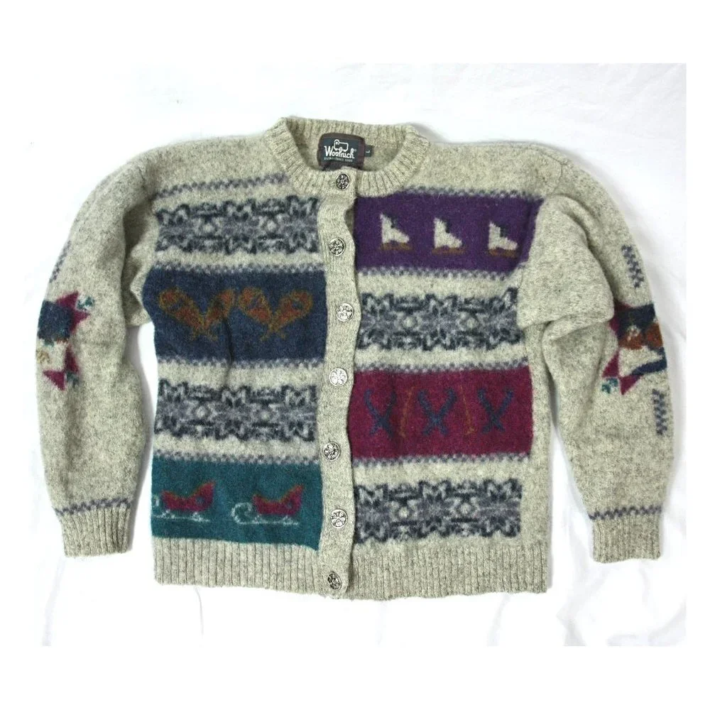Vintage Woolrich Wool Fair Isle Cardigan Sweater Winter Sports Gray - XS - Picture 1 of 8
